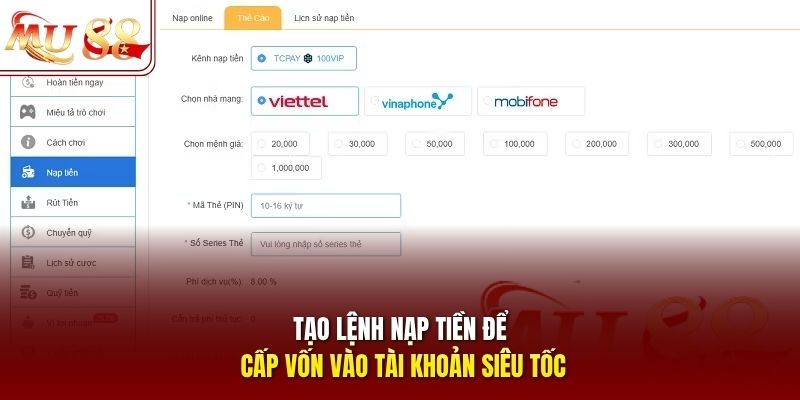 Tạo lệnh nạp tiền để cấp vốn vào tài khoản siêu tốc